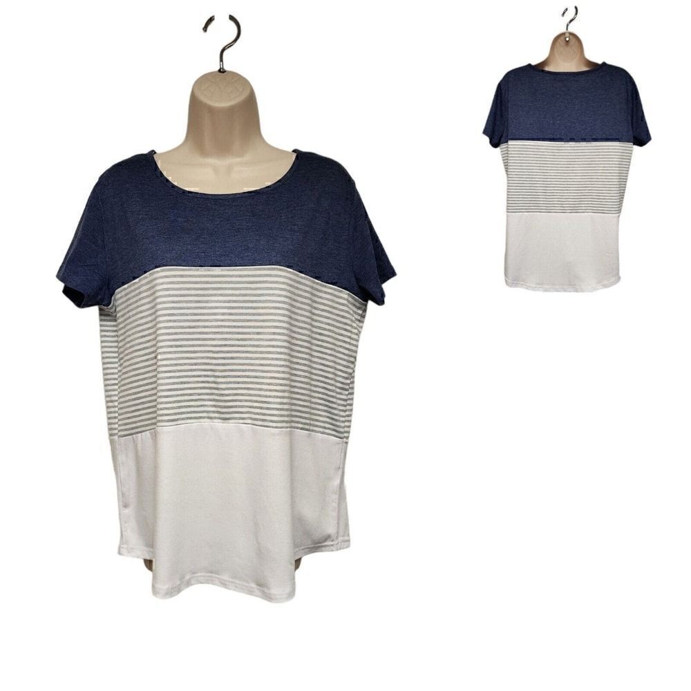 Yun Jey Women's Blue White Grey Stripe Short Sleeve T- Shirt - Size Large - Picture 3 of 8